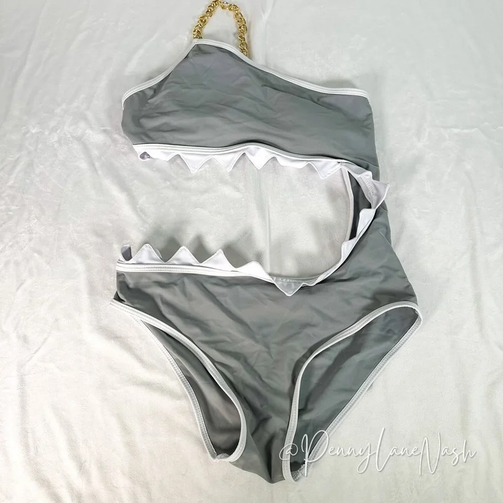 Shein Girls Shark Bite One Piece Swimsuit with Chain Strap - Picture 2 of 8